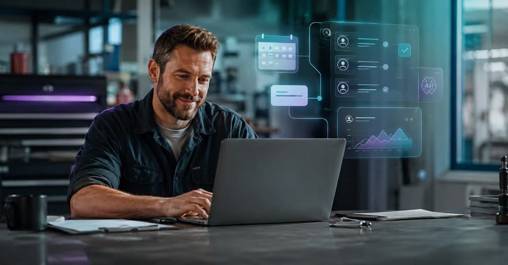 Tradesperson using AI automation tools in a workshop