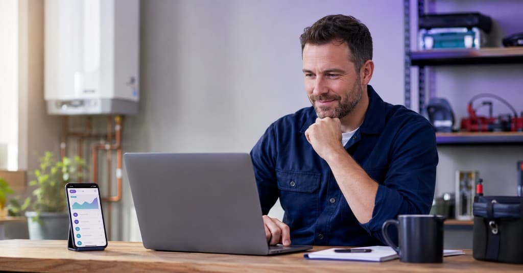 Service business owner reviewing website and leads on laptop and phone