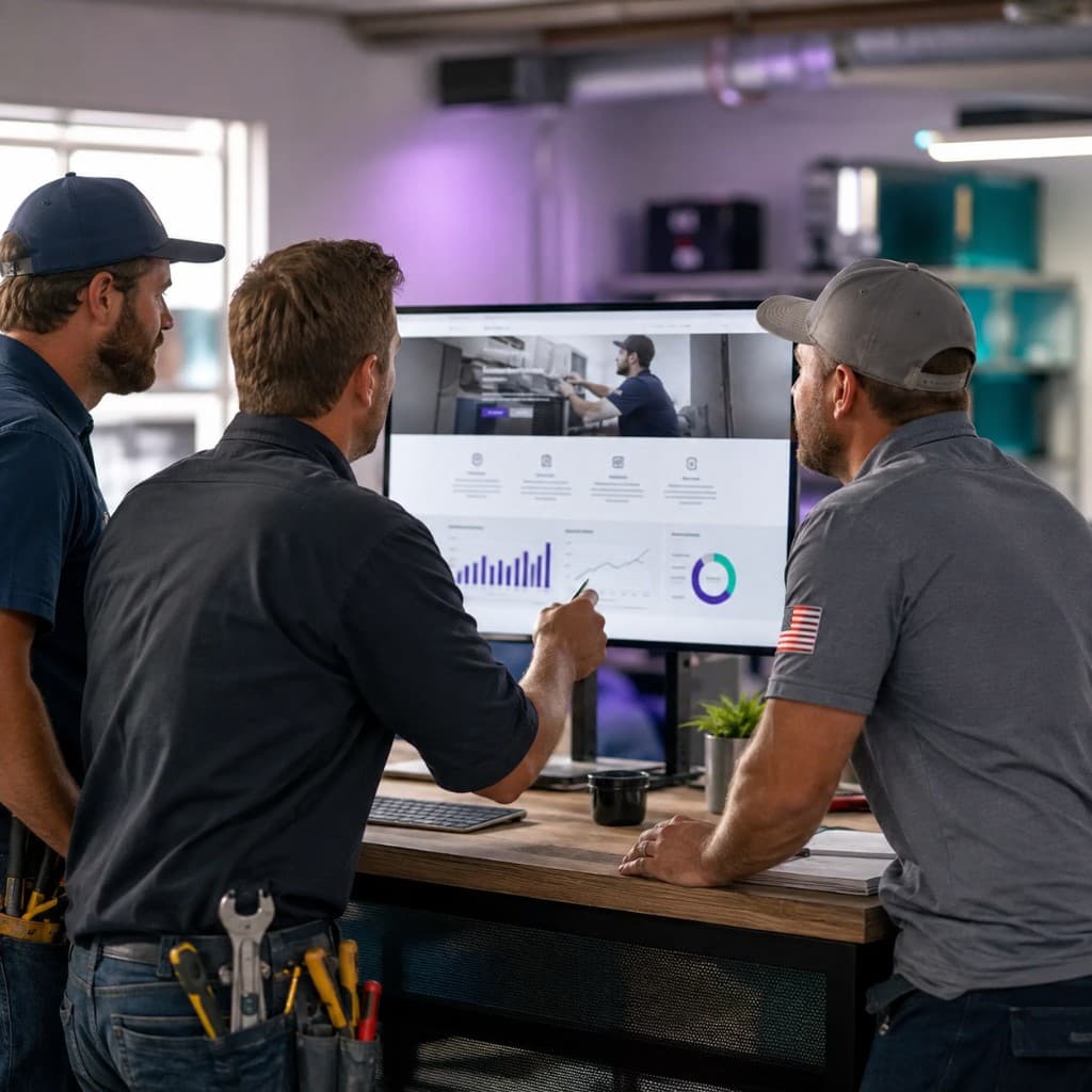 Trade business team reviewing marketing analytics on a dashboard