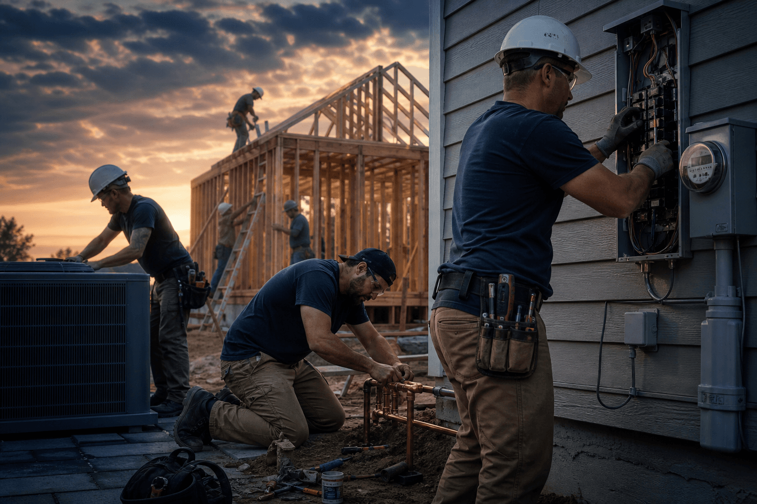 HVAC, plumbing, electrical, and construction crews at work