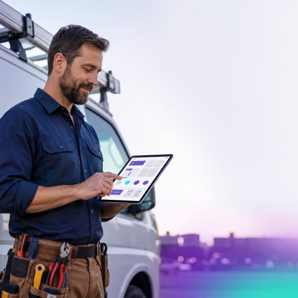 Contractor with tablet beside a service van